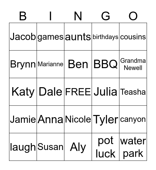 Summer Family Bingo Card