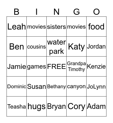 Summer Family Bingo Card