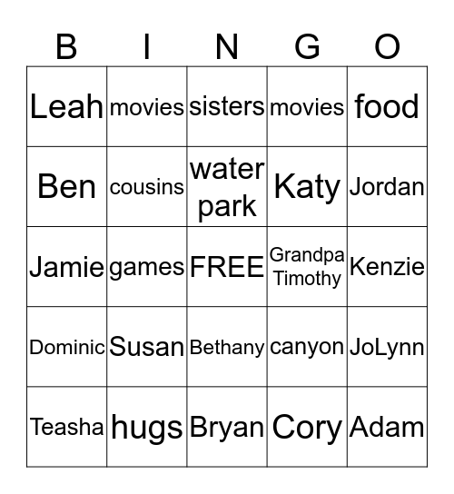 Summer Family Bingo Card