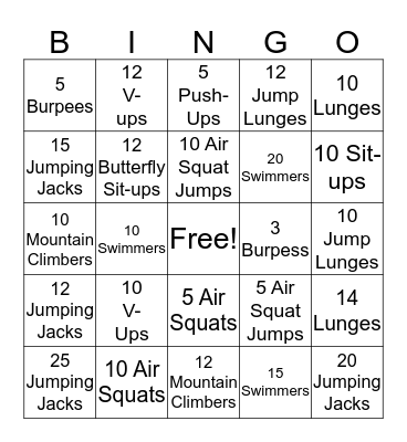 Fitness Bingo Card