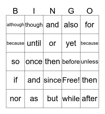 4th grade CONJUNCTION  Bingo Card