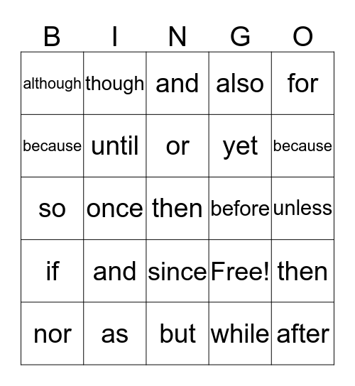 4th grade CONJUNCTION  Bingo Card