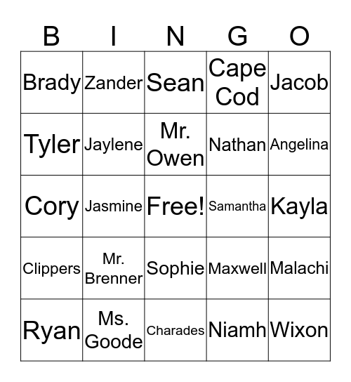 Charades Bingo Card