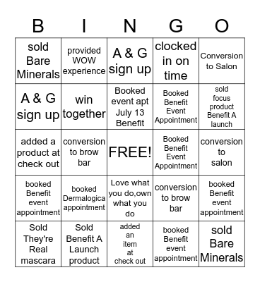 Ulta Bingo/Benefit Event July 13 Bingo Card
