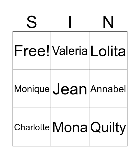 Lolita  Bingo Card