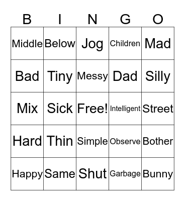 Synonym Bingo Card