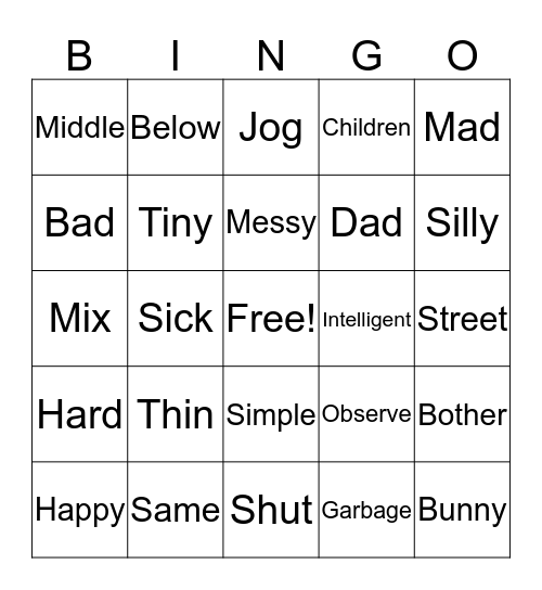 Synonym Bingo Card