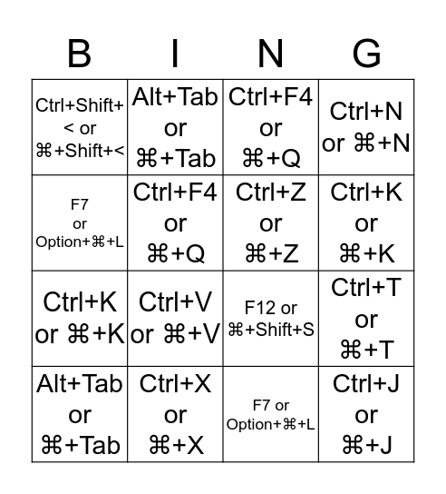 Short-N-Suite Bingo Card