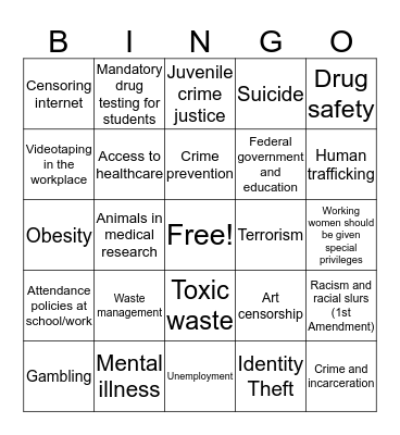 EA 4.1- Issues of Justice Bingo Card