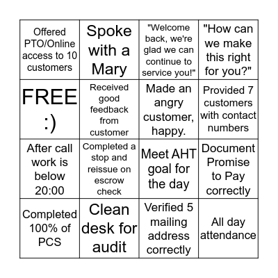 Daily Goals Bingo Card