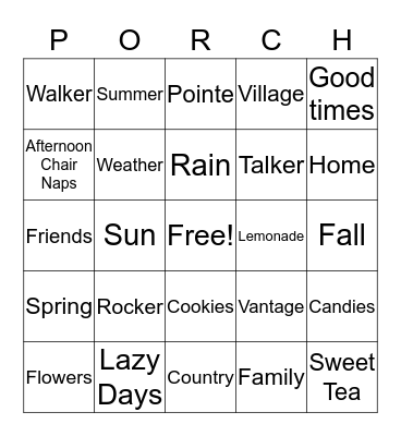 PORCH Bingo Card