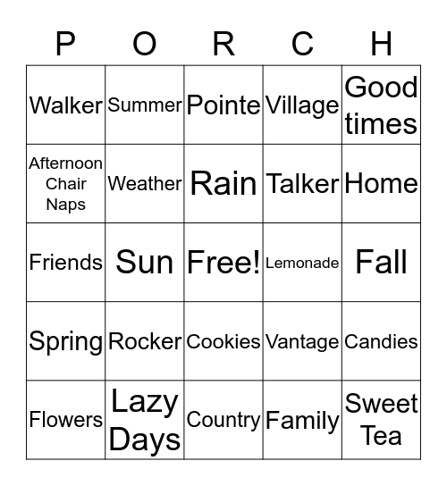 PORCH Bingo Card