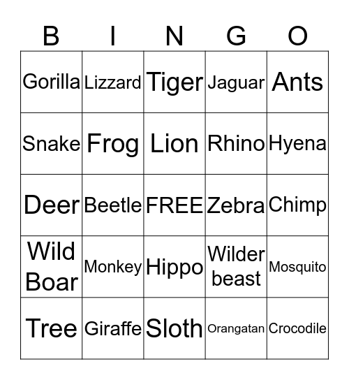 Xander's Jungle Bingo Card