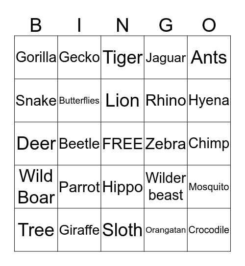 Xander's Jungle Bingo Card