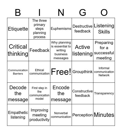 Business Communications Bingo Card