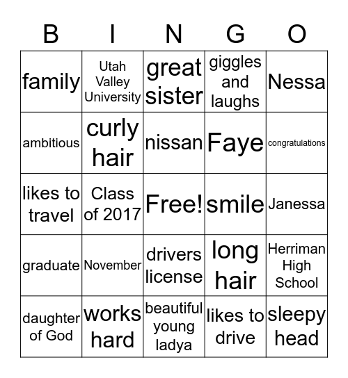 Janessa's Graduation Bingo Card