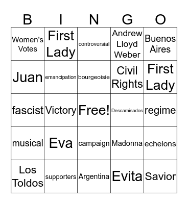 Evita Bingo Card