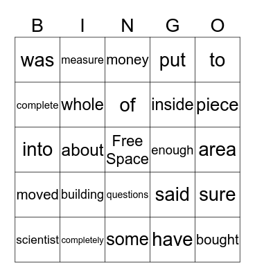 Sight Word Bingo Card