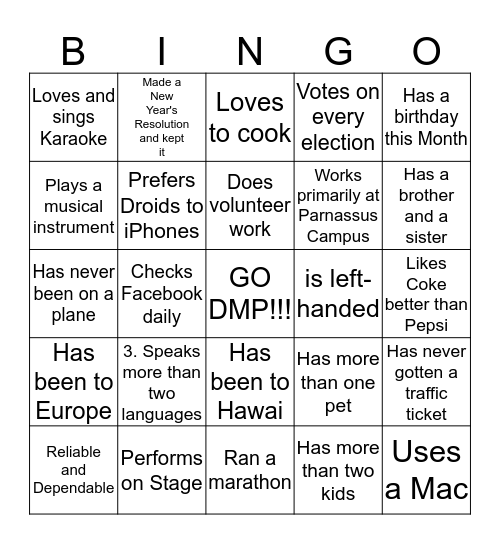 DMP Ice breaker bingo Card