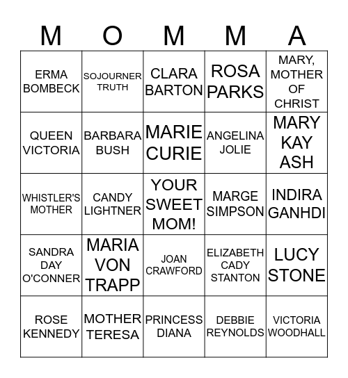 FAMOUS MOTHERS BINGO Card