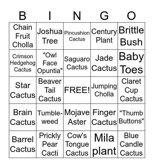 Desert Bingo! Bingo Card