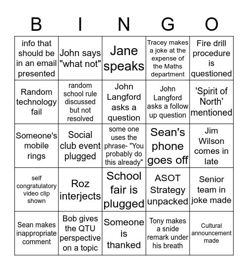 Staff Meeting Bingo Card