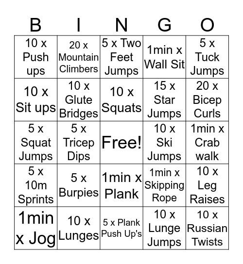 Fitness  Bingo Card
