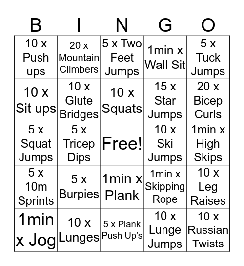 Fitness  Bingo Card