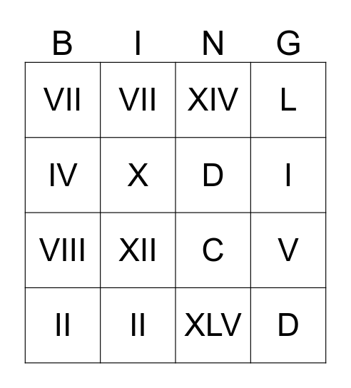 Roman Numeral Bingo Card