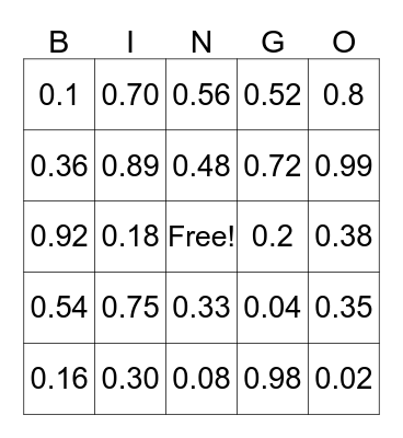 Fraction to Decimal BINGO Card