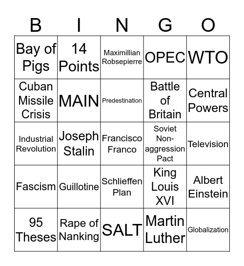 Review for Final  Bingo Card