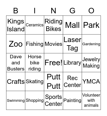 Leisure Bingo Card