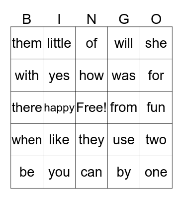 Kindergarten Sight Words Bingo Card