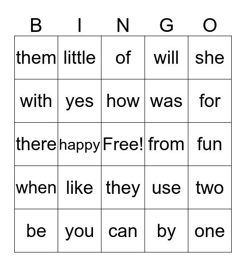 Kindergarten Sight Words Bingo Card