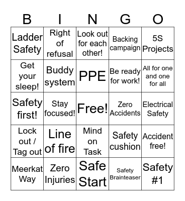 Matheson Safety Bingo Card