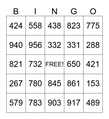 Three-Digit Addition and Subtraction Bingo Card