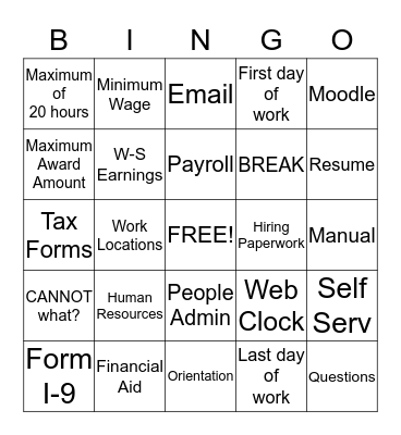 Work-Study / Student Employment Bingo Card