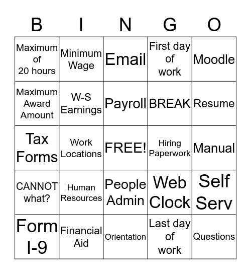 Work-Study / Student Employment Bingo Card
