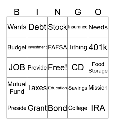 Financial Planning 101 Bingo Card
