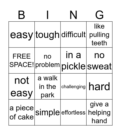 Easy or Hard Bingo Card