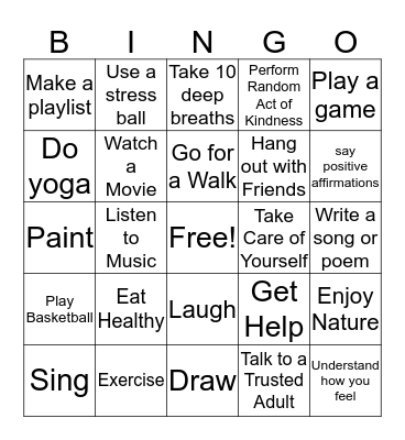 Coping Tools Bingo Card