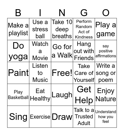 Coping Tools Bingo Card