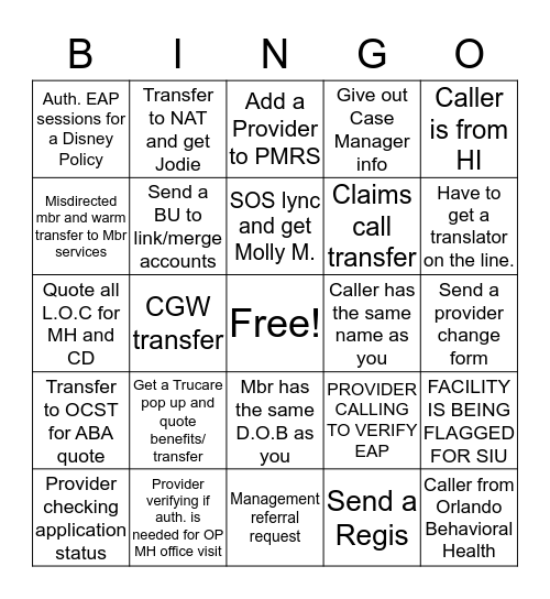 Provider Services - Benefits Bingo Card