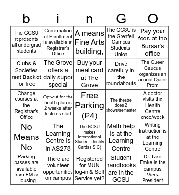 Grenfell Orientation Bingo Card