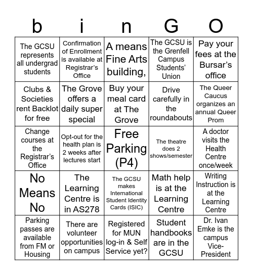 Grenfell Orientation Bingo Card
