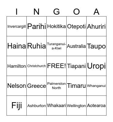 Nga wahi Bingo Card