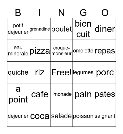 Chapitre 6, Unite 2 - Francais I Bingo Card