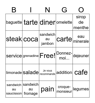 French 1, Chapter 6, Vocabulary 2 Bingo Card