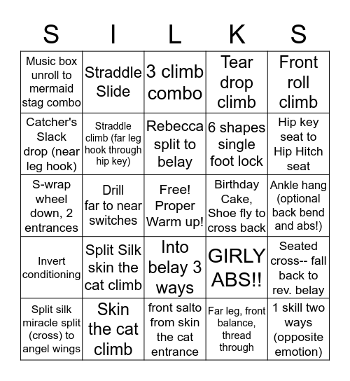 Intermediate Silks Bingo Card