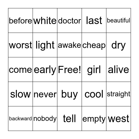 Opposites Bingo #1 Bingo Card